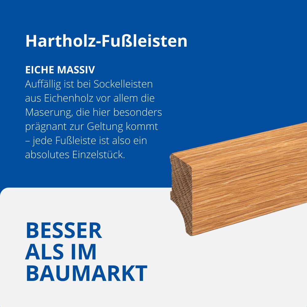 REESE | MASSIVHOLZ Sockelleiste | Leipziger Profil | Eiche GEÖLT | Oben Abgeschrägt | 40mm Höhe, 5 Stück / 11,5lfm