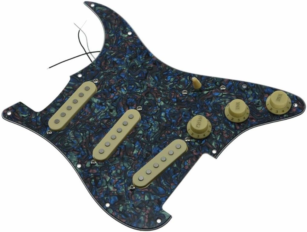 KAISH Loaded American ST/Strat Style SSS Pickguard Prewired Pick Guard with Ceramic Pickups for Stratocaster/Strat Abalone Pearl With Cream Covers and Knobs