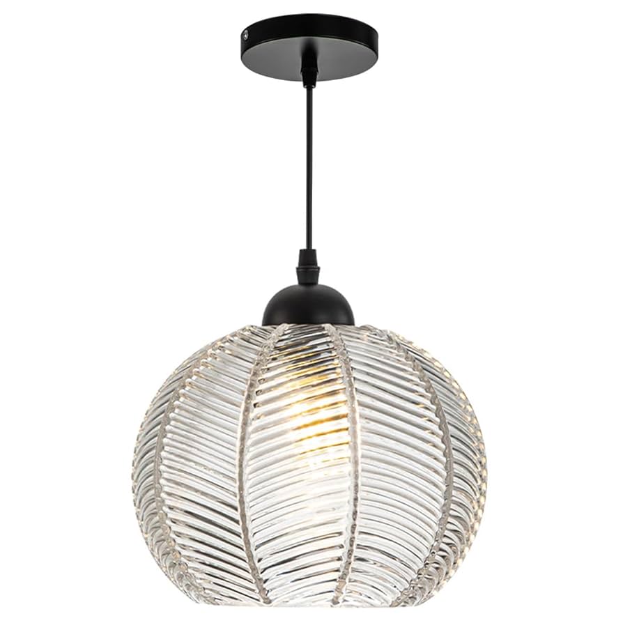 Qufute Glass Globe Pendant Lights, Clear Ribbed Glass Shade