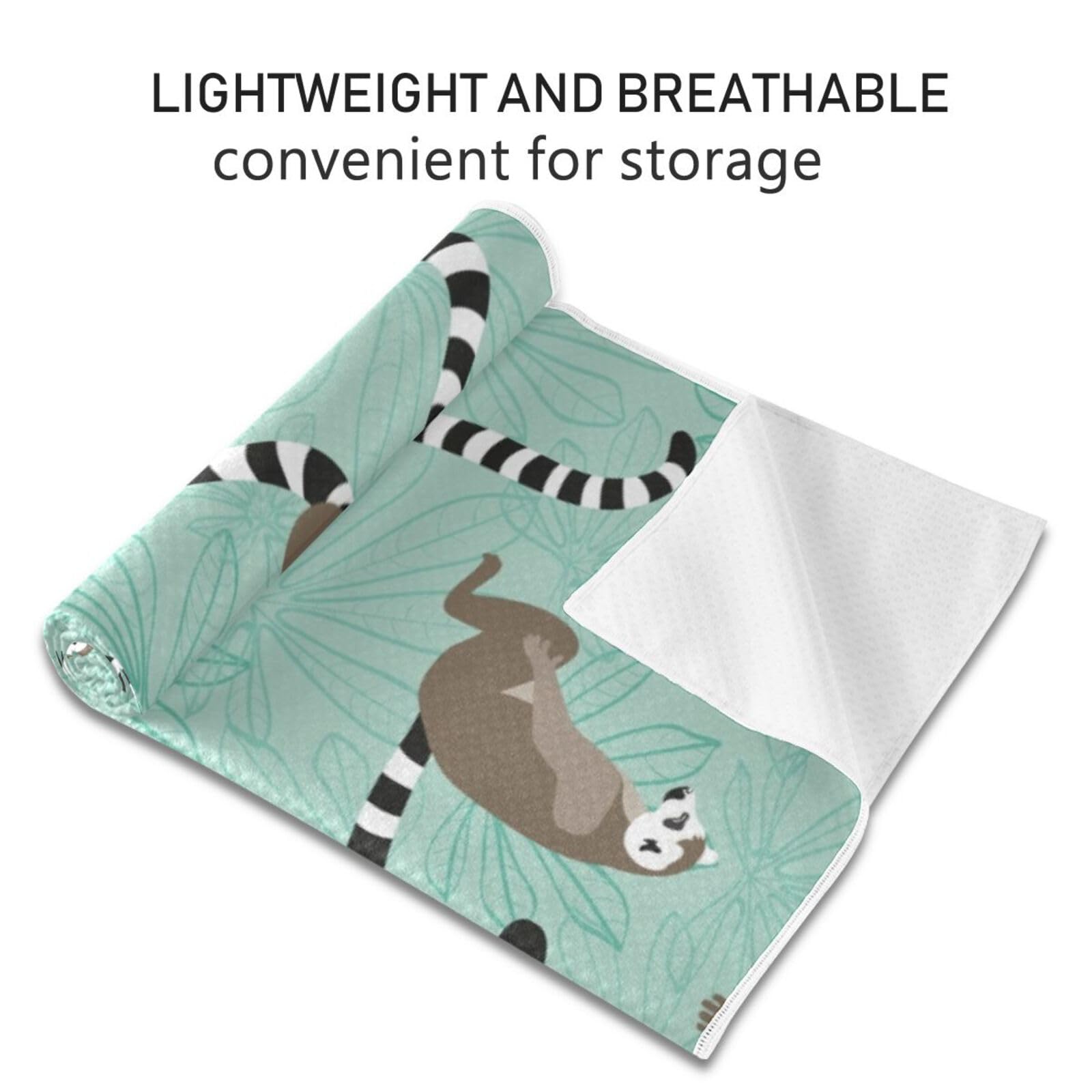 Fygkptb Seamless Katta Lemur on Turquoise Floral Background Yoga Towel Non Slip Yoga Mat Cloth Foldable Yoga Towel Sweat Absorbent Yoga Towel with Storage Mesh Bag 73 x 27 inch