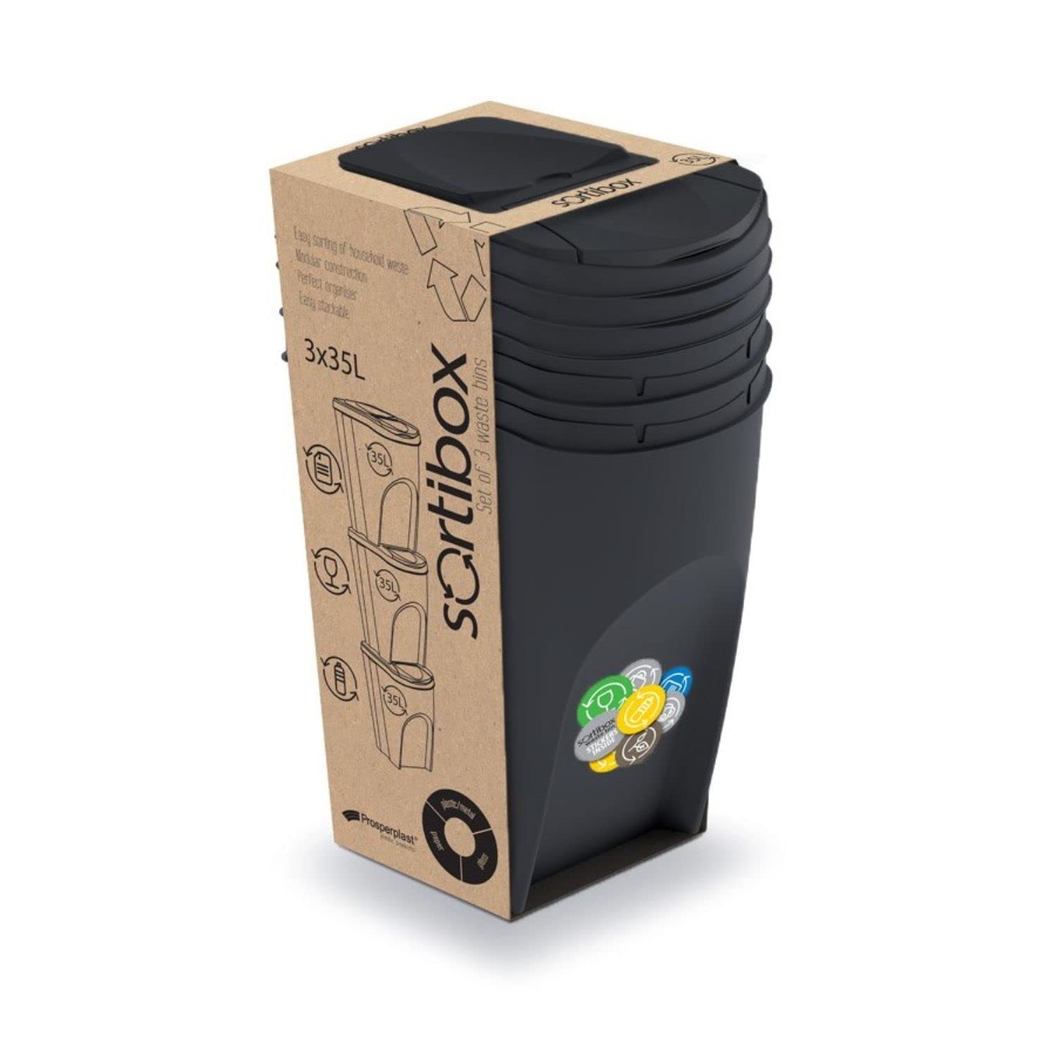 Ensemble DE 3 bacs de Recyclage PROSPERPLAST 105L Plastique SORTIBOX Anthracite Couleur