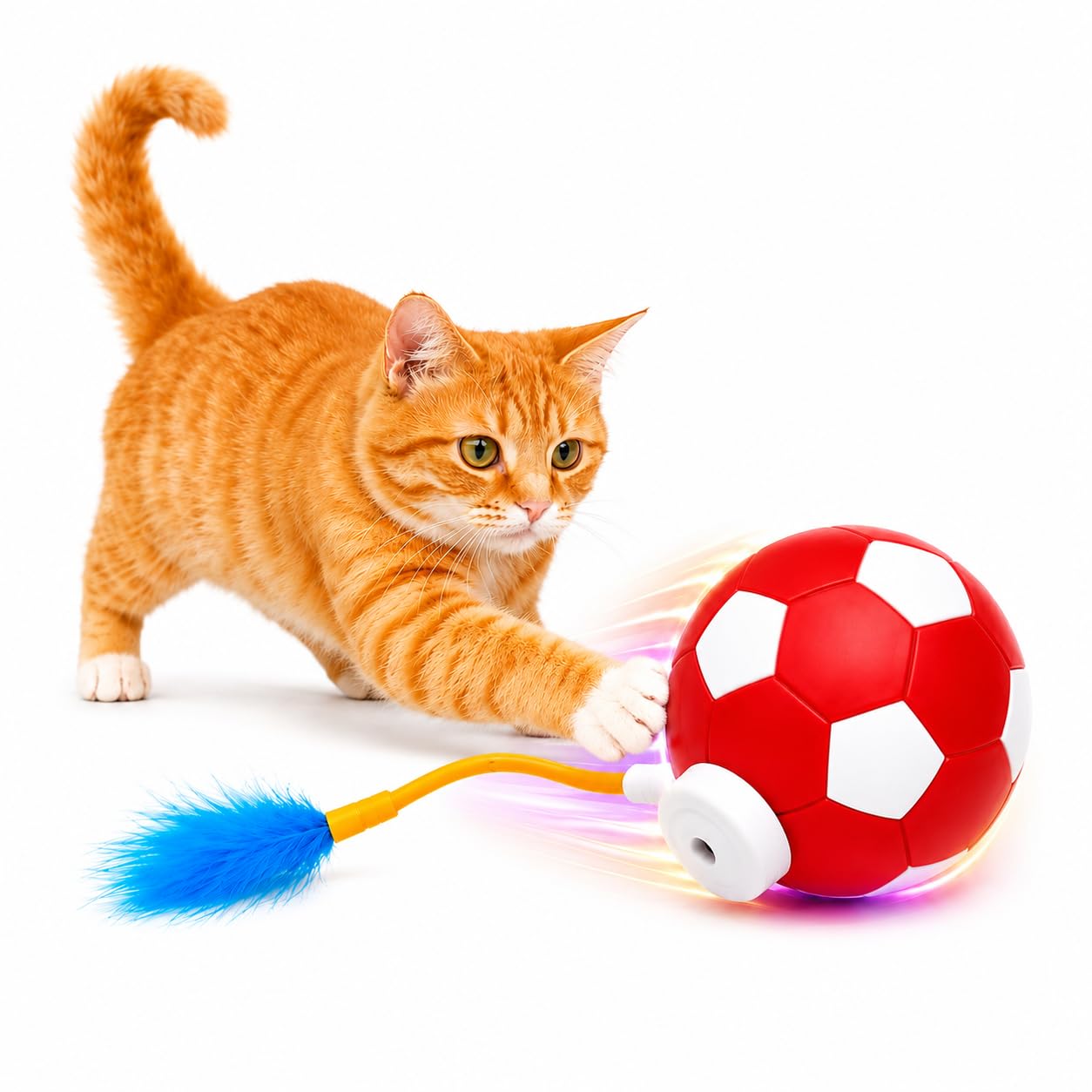 Cat & Bigote - TurboChat™ - Bola interactiva luminosa para gatos - Juguete automático giratorio recargable USB con plumas, antiaburrimiento, estimula el instinto natural de caza