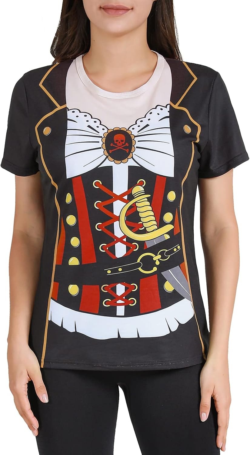 Funny World Women’s Pirate T-Shirt Graphic Short Sleeve Halloween Costume