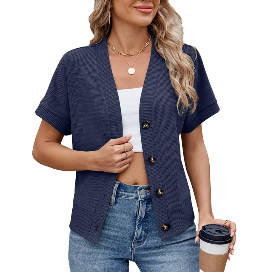 Liuyuyougo Women's Navy Blue Short Sleeve Summer Cardigan Waffle Knit Cropped Shrugs Cardigan V-Neck Buttons Tops Casual Loose Lightweight Jacket Knitwear Blouse Open Fron Outwear Xs