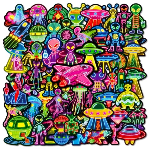 56 Stück Bunte Neonaufkleber mit Cartoon-Aliens, Aufkleber mit Alien-Raumschiff-Motiven, DIY-Notizbücher, wasserfeste Doodle-Aufkleber