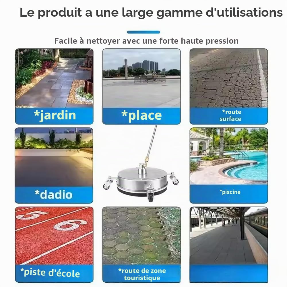 Nettoyeur Surface 15 Pouces,4 Roues, Double Buse, Rotation 360° | 4000 PSI | Raccord Rapide 1/4" | Acier Inoxydable, Équipé de roulements Lourds pour Terrasses, Allées et Sols