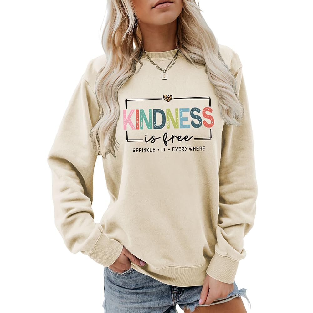 Mlzhan Women's Beige Kindness Is Free Sweatshirt Be Kind Teacher Teach Inspirational Sayings Tops Pullover Crewneck Shirt (,M)