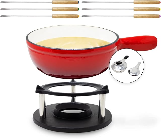 ToCi Holsten Fondue Set Including 6 Forks | Cheese Fondue with teapot Warmer 1.5 L cast Iron | Enamelled Fondue Also Suitable for Broth and Chocolate | Perfect for The Holidays, Red