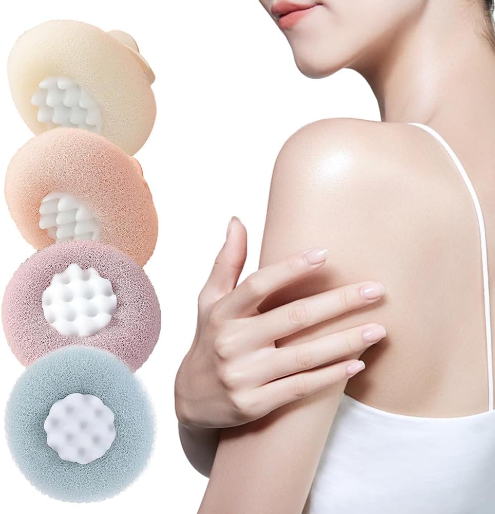4 Pack Super Soft Sunflower Suction Cup Bath Ball, Upgrade 2-in-1 Exfoliating Bath Sponge Cleaning Brush with Finger Rings, Loofah Sponges Shower Accessories for Women Men Bathroom (4 Color Pack)