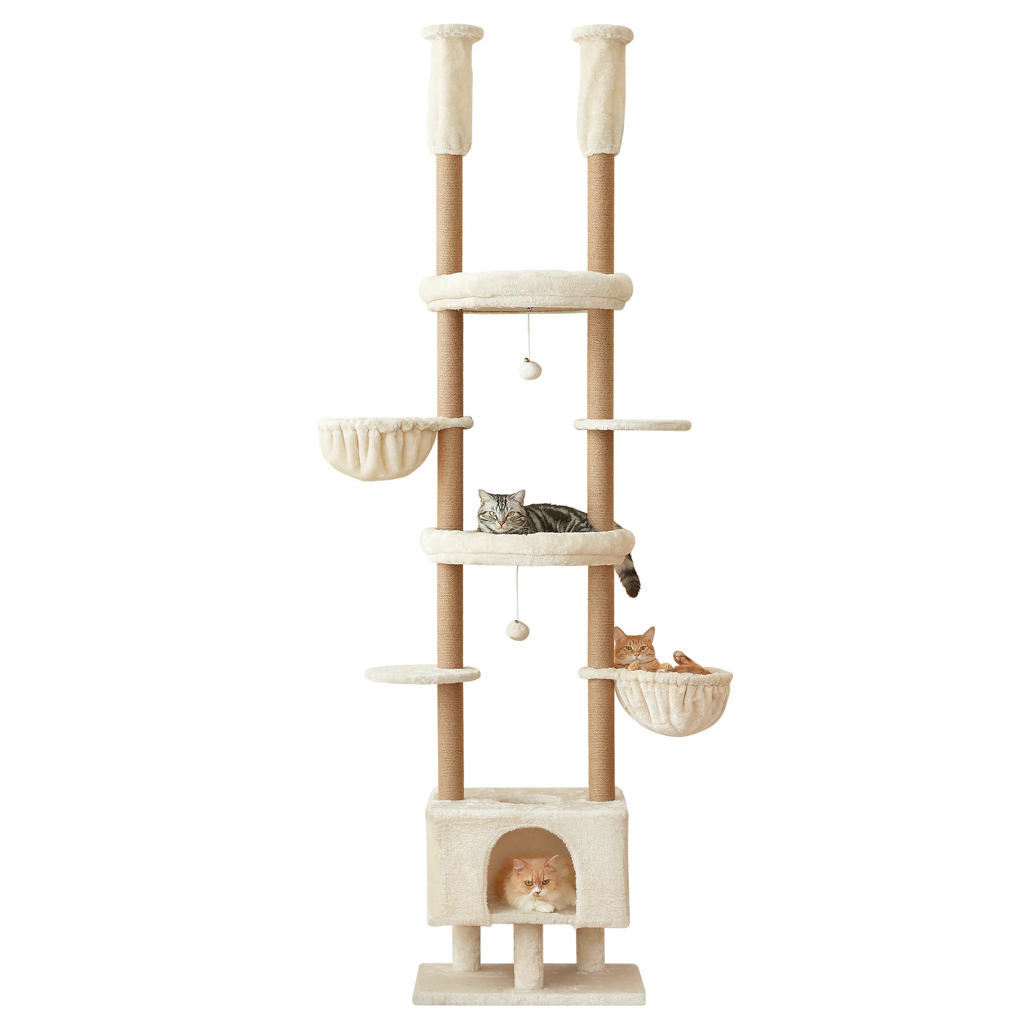 Furcato Cat Tree, Floor to Ceiling Cat Tower Adjustable Height [92.9-102.4 in=235-258cm], 7 Tiers Cat Climbing Play House with Fully Sisal Scratching Post, Cozy Condo & Hammocks for Indoor Cats, Beige