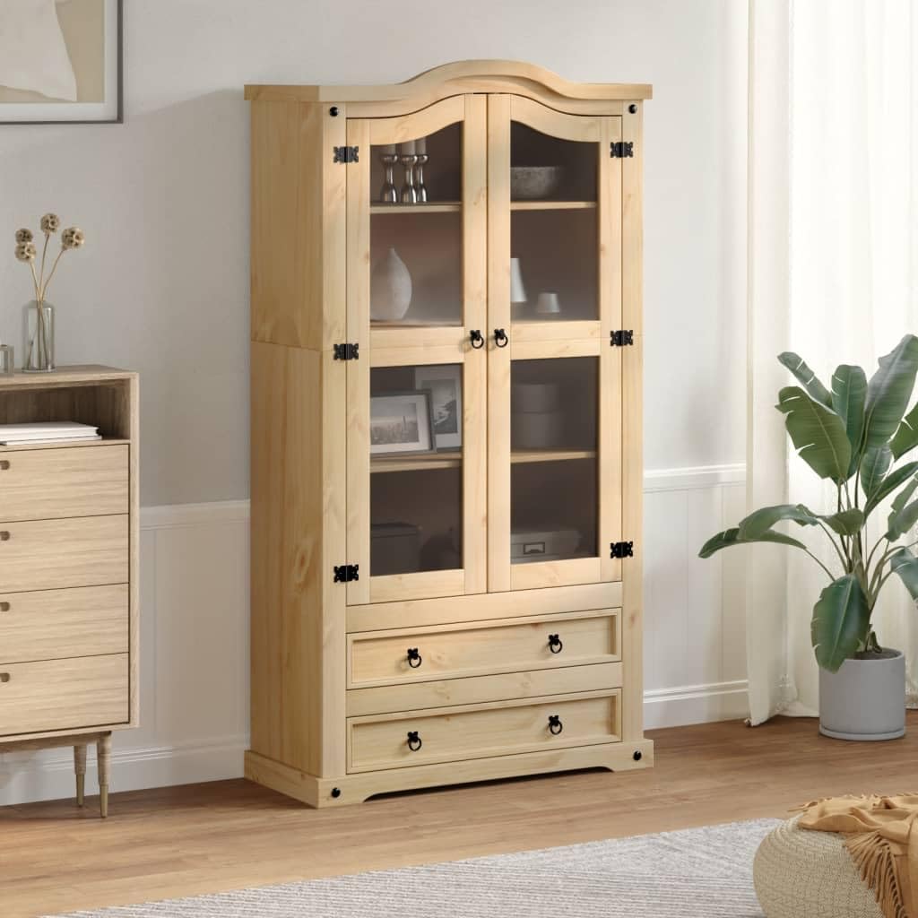 Witryna z litego drewna Corona 99 x 43 x 187 cm sosna szklana witryna z metalowymi uchwytami i miejscem do przechowywania kolekcji i artykułów dekoracyjnych – trwałe rozwiązanie do przechowywania z