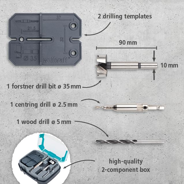 wolfcraft Boorset voor scharniergaten, Ø 35 mm, 5-dlg. I 4656000 I Voor een eenvoudige montage van inboorscharnieren, Ø 35 mm - Afbeelding 3