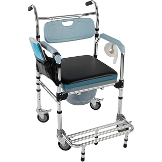 4-in-1 Folding Bedside Commode Chair,Transport Shower Wheelchair Toilet Rolling Transport Chair with 4 Brakes Casters, PU Sponge Padded,Bedside Toilet Chair for Elderly Disabled Bariatric, 350lbs