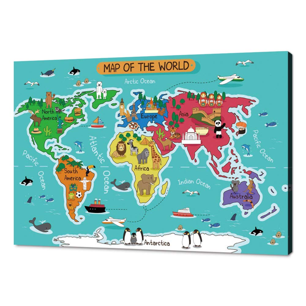 Cartoon World Map Canvas Paintings Posters and Prints Wall Art Cute World Map with Animals