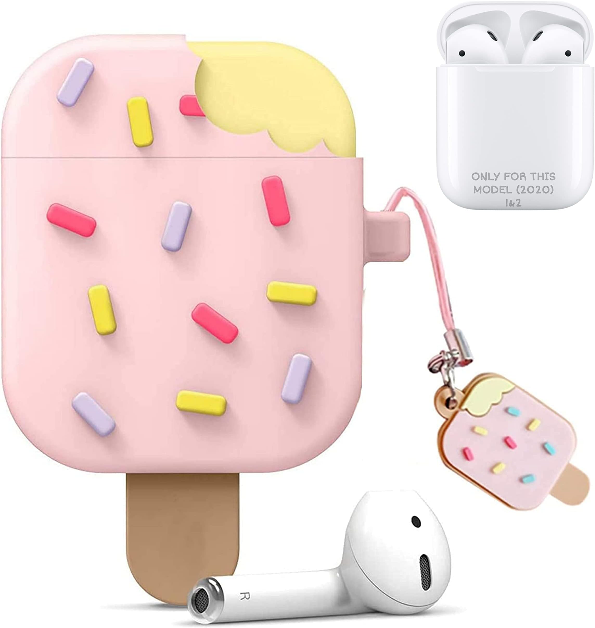 Apple AirPods Case Cover for 1st and 2nd Generation Protective Shock Proof Case Cover Compatible with AirPods 2&1 with Keychain (Icecream Pink)