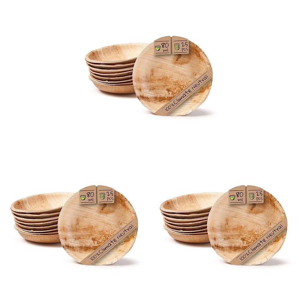 GREENBOX Palmware Snack Schälchen Set I 25 Stück Bio Einweg Schalen rund 80ml, Ø10cm I Partygeschirr kompostierbar & biologisch abbaubar I Palmblätter Einweg-Geschirr für Buffet, Packung mit 3