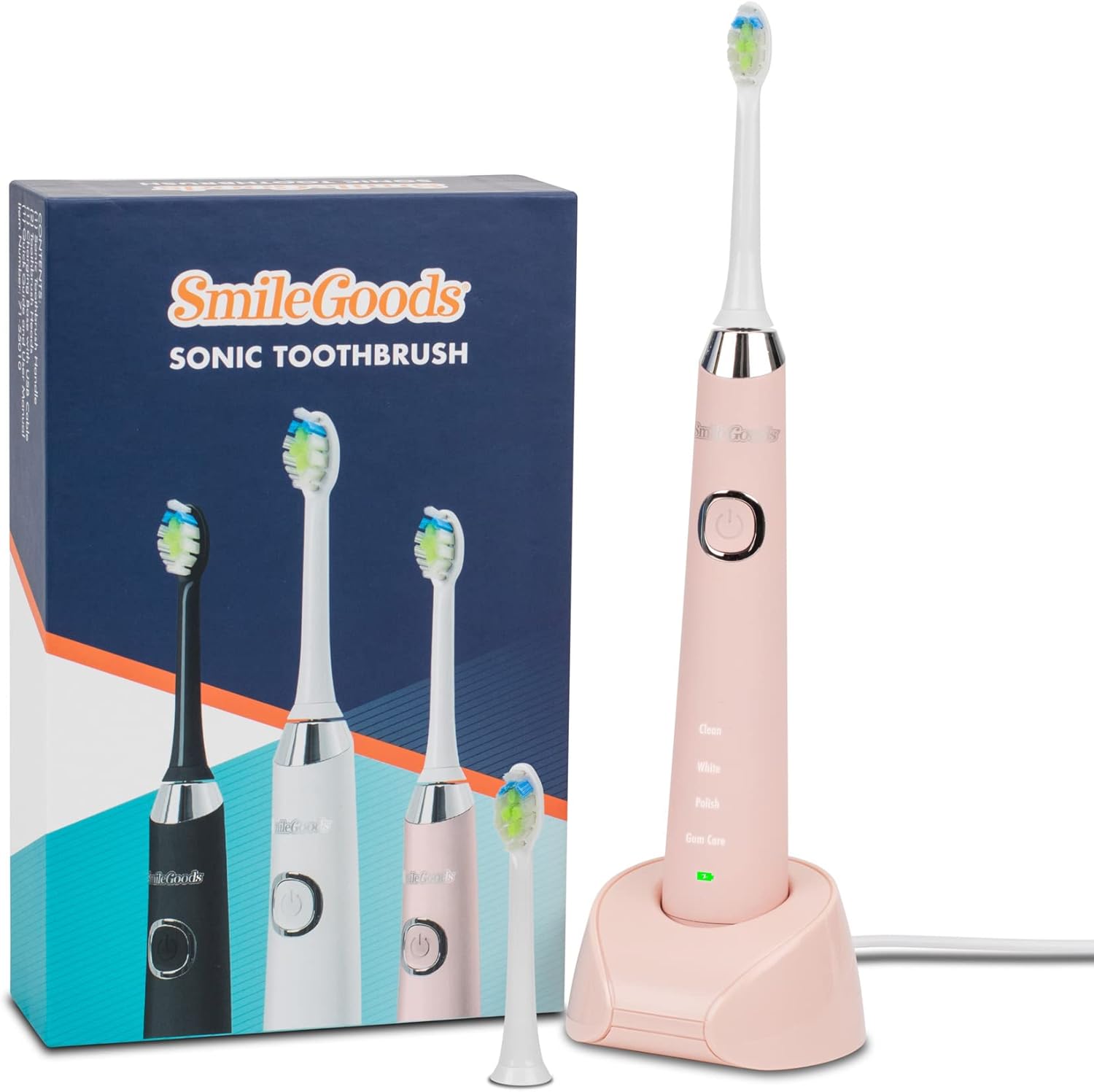 Practicon SmileGoods Toothbrush with Automatic Timer, Charging Base & Two Brush Heads (Toothbrush, Pink)