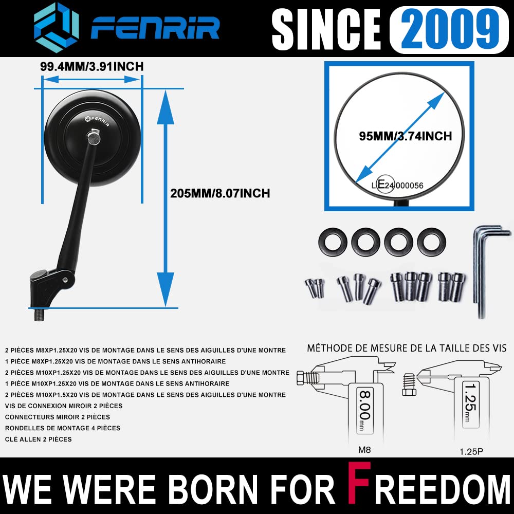 FENRIR Homologué Noir CNC Retroviseur Moto Pour XSR125 XSR700 XSR900 Z650RS Z900RS CB300R CB650R CB1000R SV650 Scrambler Monster RNINET R12NINET R12 V7 V9 Trident660 Leoncino Svartpilen Vitpilen Rebel