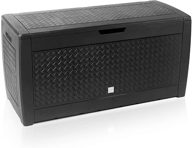 CASARIA Garden Storage Box 310L W/Lockable Lid, Handles, Wheels, Braided look | Outdoor Garden Furniture Cushion Organiser | Weatherproof Deck Box | Grey