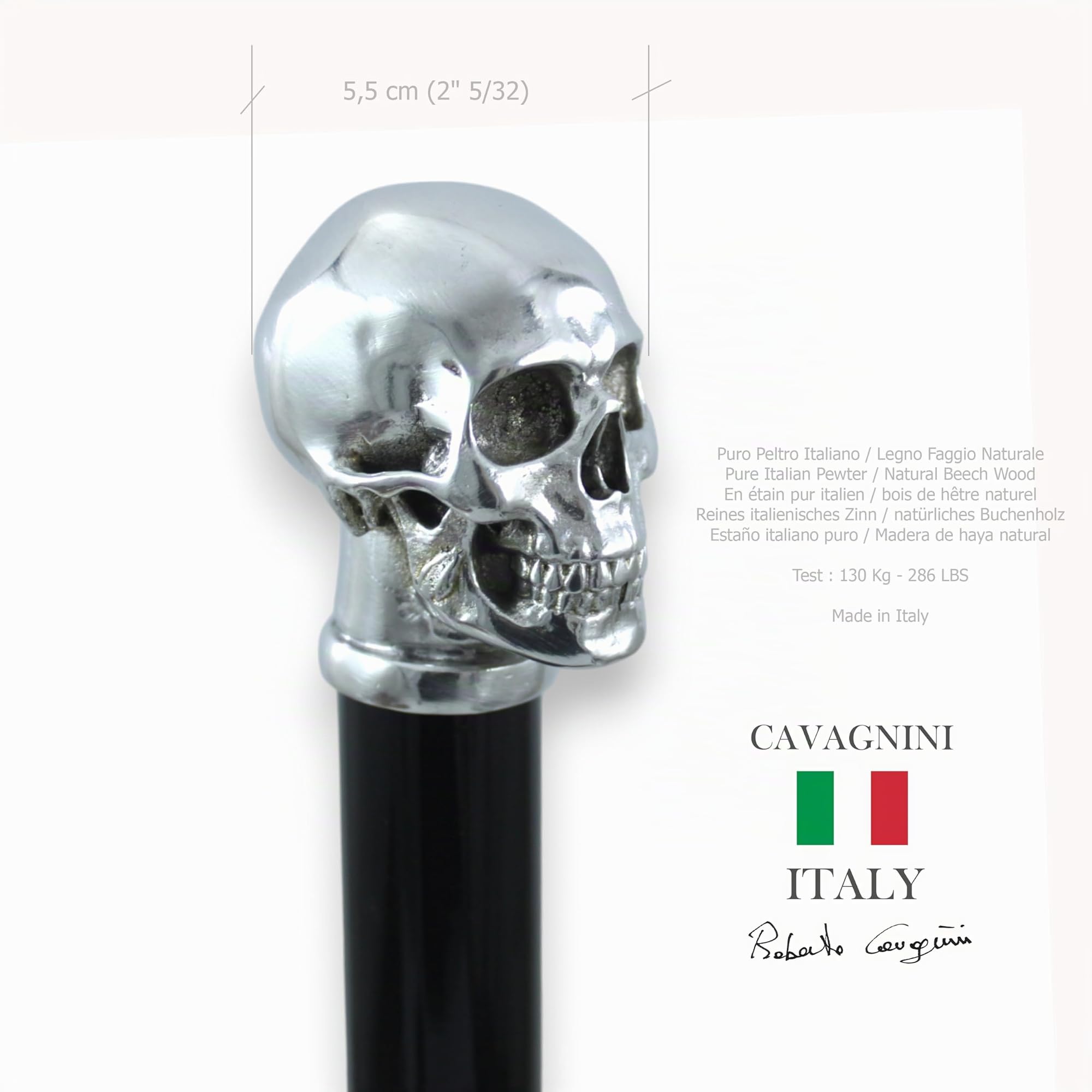 CAVAGNINI Bastón de paseo de calavera elegante de ceremonia de haya natural para hombre y mujer, de madera y metal puro, fabricado en Italia