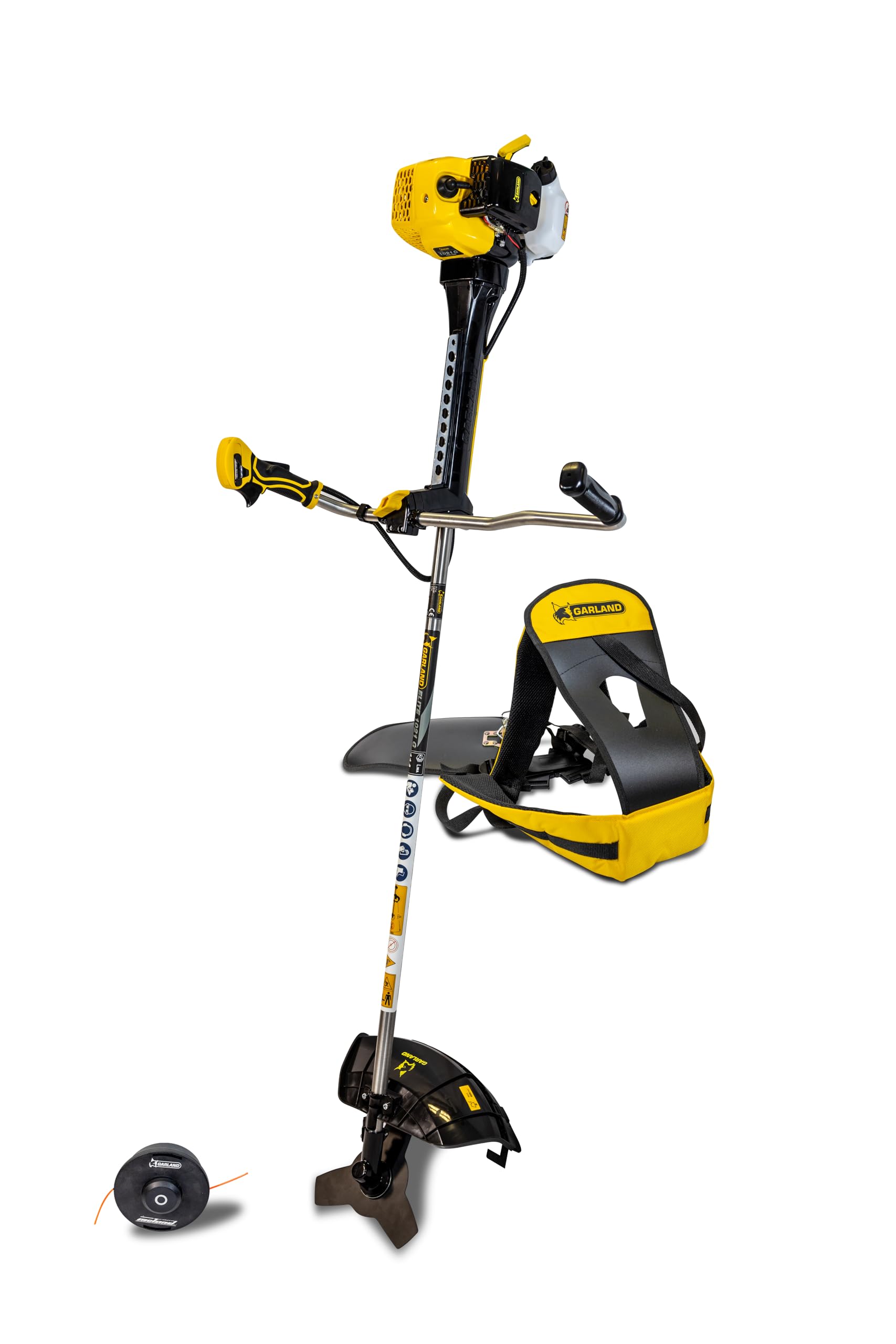 GARLAND Elite 1021G-V19 - Desbrozadora de Gasolina - Cilindrada 51,6 CC, Potencia 2,2 CV. Sistema antivibración y Manillar Plegable. Incluye arnés, Disco de 3 Puntas y Cabezal de Hilo.