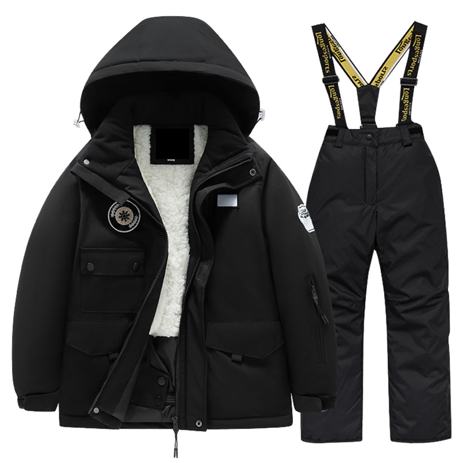Generisch Traje de esquí para niños, 2 piezas, a prueba de viento, traje de nieve con capucha, chaqueta de esquí cálida y pantalones, ropa de esquí deportiva, impermeable, juego de snowboard