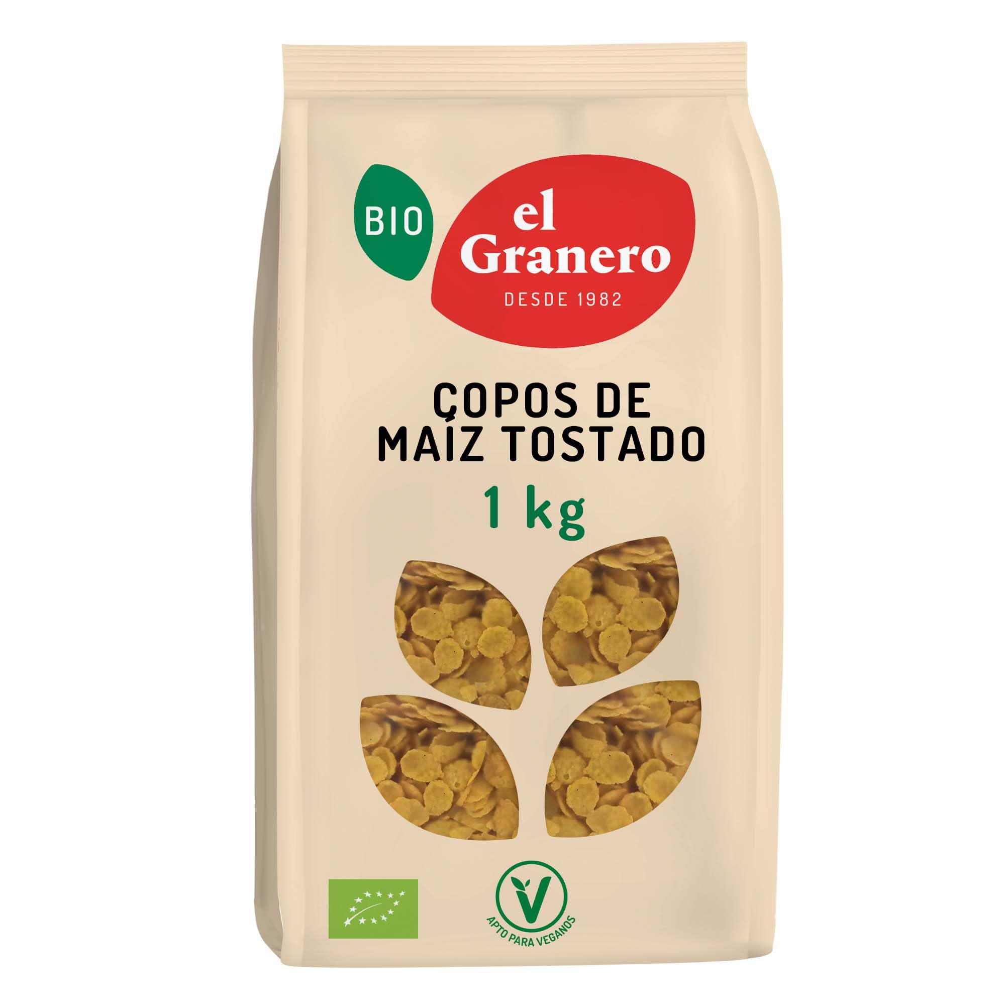 El Granero Integral - Copos de Maíz Tostado- 1 kg - Contenido en Proteínas y Lípidos - Ricos en Vitaminas, Minerales y Fibra - Combate el Envejecimiento - Ideal para desayunos - Aptos para Veganos