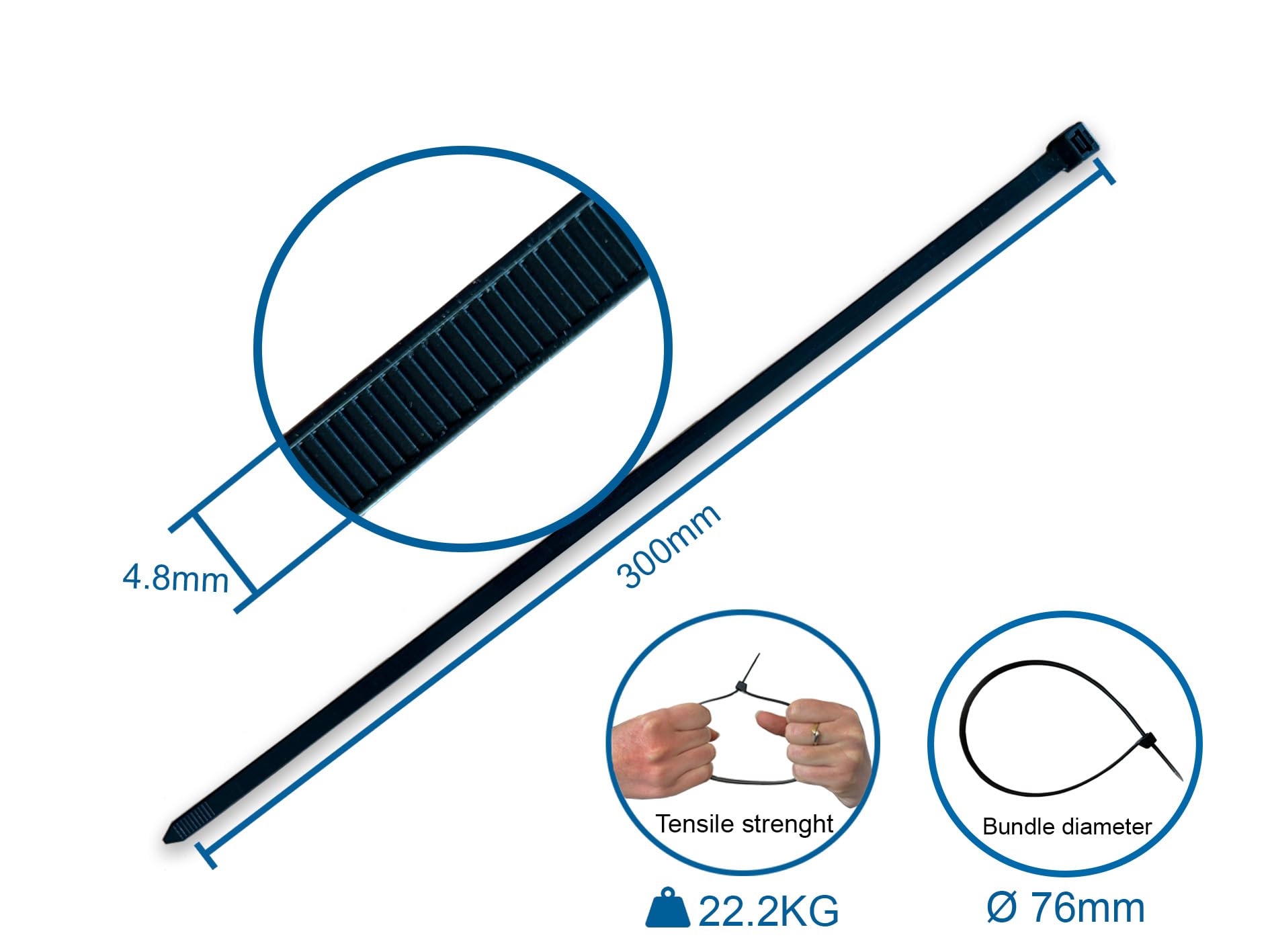 Starke Kabelbinder Schwarz | 300 mm x 4,8 mm | 10 Packungen à 100 Stück | Zuverlässig für Industrie, Bau und vielseitige Anwendungen