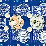 185pcs Happy Birthday Decorations Blue and Silver Plates Napkins Disposable Tableware Set Paper Cups Banner Tablecloth for Men Women Birthday Party Supplies Serves 24 Guests - Image 5