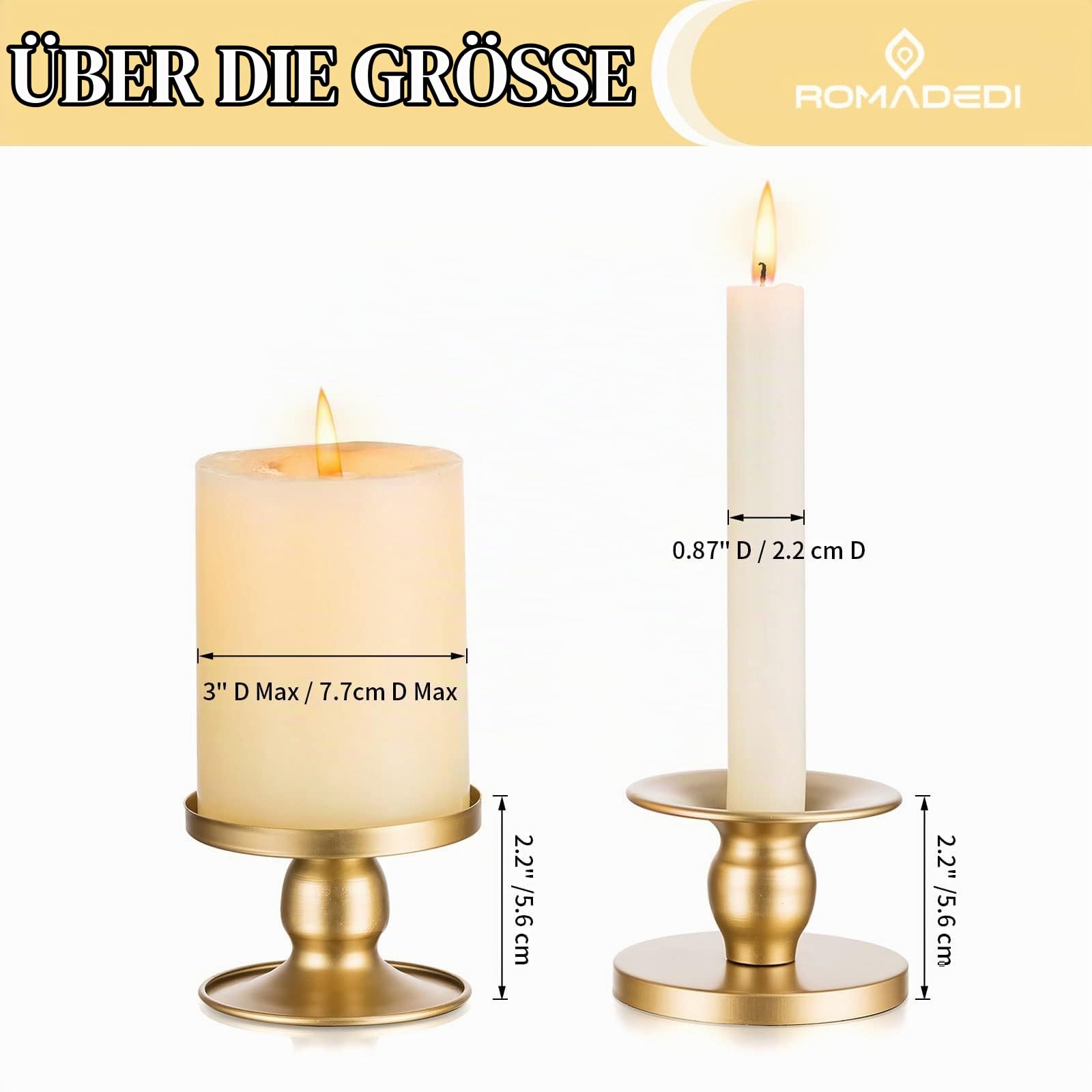 Romadedi Kerzenständer für Stab- und Stumpenkerzen, 12er-Pack, Gold | Beidseitig nutzbar, 5,6 cm hoch; für Stabkerzen bis Ø 2,2 cm und Stumpenkerzen bis Ø 7,6 cm; aus goldfarbenem Metall