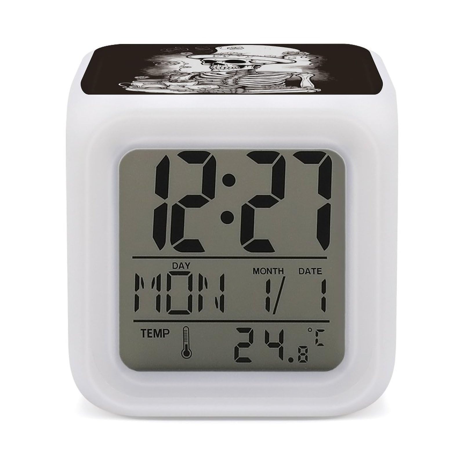 FekiLoot Skeleton Chef Alarm Clock for Heavy Sleepers Small Digital Alarm Clock with Date Temperature Wake Up Digital Clocks with 7 Colors Changing Desk Clocks for Bedroom Bedside Nightstand