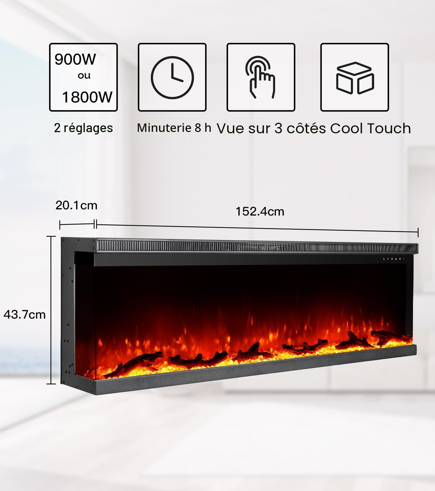 M.C.Haus Cheminée Electrique de Luxe à 3 Faces avec 3 Possibilités D'installation, Cheminée Encastrée dans Un Mur Multimédia, Effet de Flamme Electrique avec 9 Couleurs, 1800W, 153cm/60inch, Noir