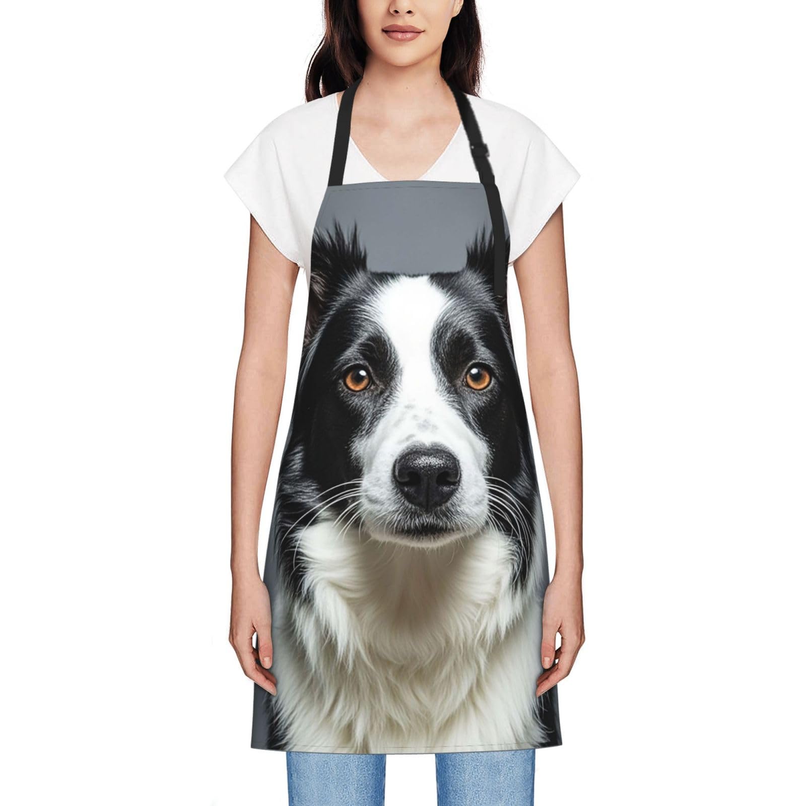 COWMGHLDFL Cooking Aprons for Men Women Bib with 2 Pocket Border Collie Adjustable Aprons Chef Bibs for Baking