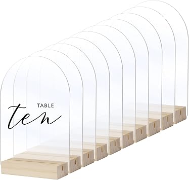 Clear Arch Acrylic Sign with Wood Stand-10 Pack 5x7 Inch Blank Arched Acrylic Sheets with 4 Inch Wood Base, DIY Clear Arch Sign Blank for Wedding Table Numbers