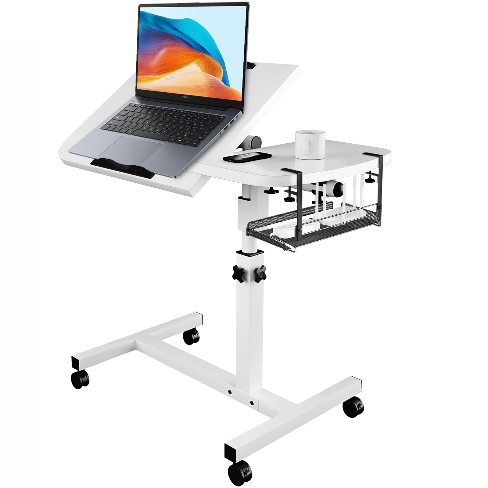Table de lit réglable pour ordinateur portable avec bureau inclinable, roulettes et panier de rangement amovible, bureau de chevet réglable en hauteur pour bureau à domicile, étude, lecture et