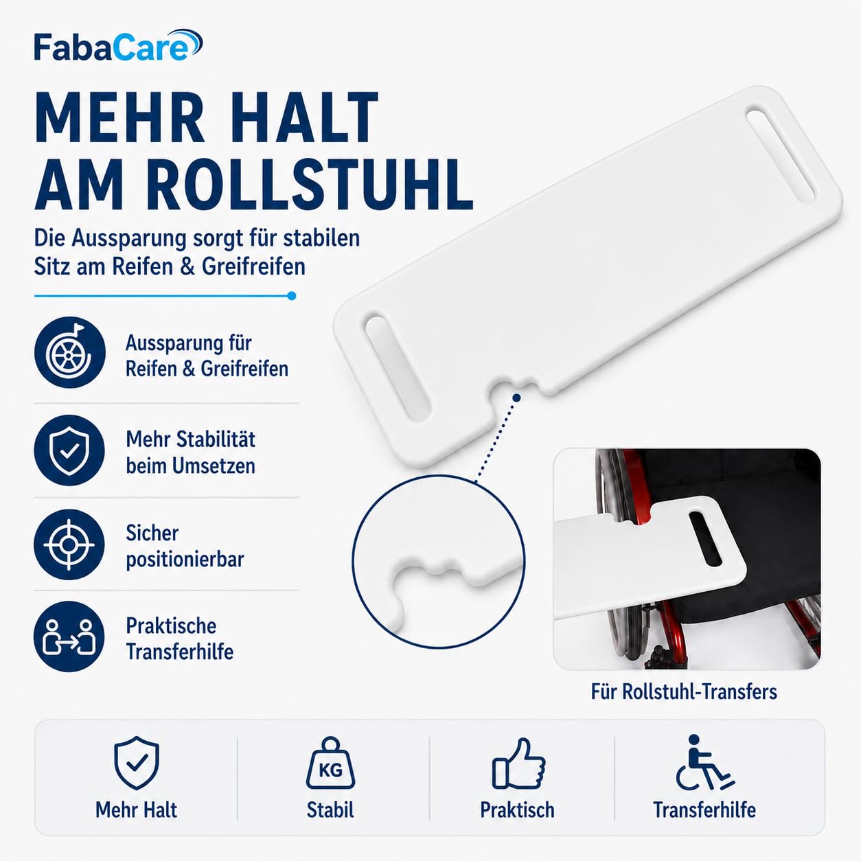 FabaCare Rutschbrett für Rollstühle EasyTransfer – Transferhilfe mit Aussparung für Reifen & Greifreifen, Rollstuhlbrett mit Grifföffnungen, Umsetzhilfe für Rollstuhl, Bett & Stuhl, 70 x 23 cm