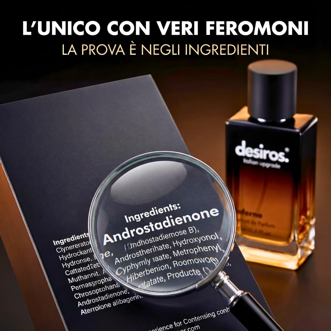 Desiros Inferno - Estratto di Profumo Uomo Italiano Seducente a Lunga Durata Intenso Elixir - Perfume di Marca - Parfum con Note Agrumate, Fresche, Legnose - 25% di Oli Essenziali - Regalo Uomo - 50ml