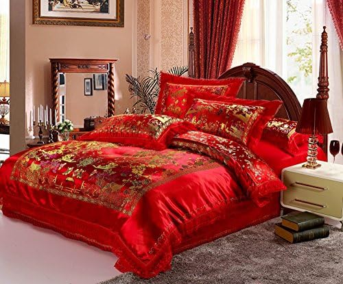 HNNSI 4pcs Wedding Bedding Sets Queen Size, Chinese Red Satin Lace Duvet Cover Set with Cotton Flat Sheet, Quit/Comforter Cover Sets, Luxury Gifts (Queen, style1)