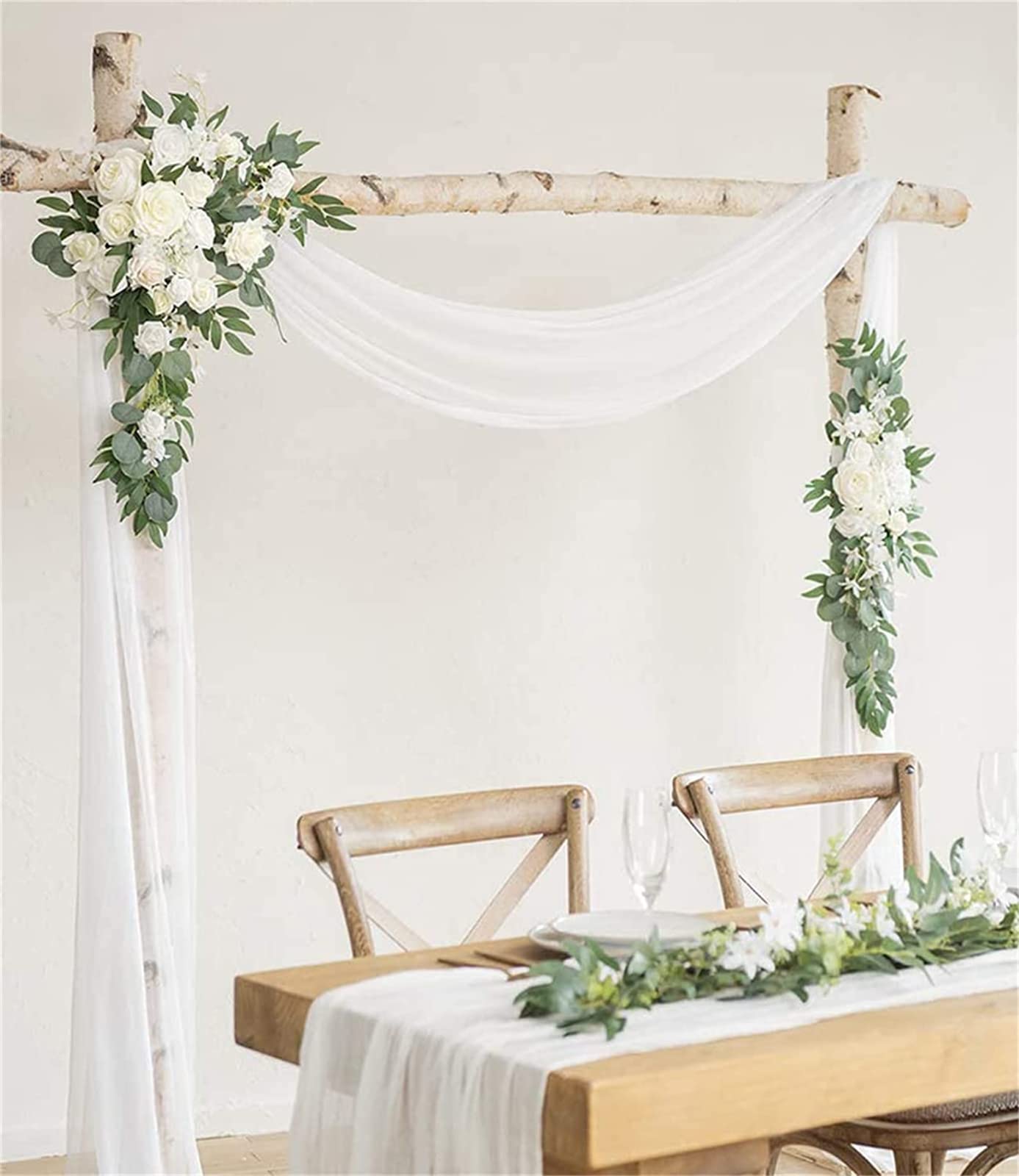 Kunstmatige bruiloft boog bloemen kit (3 pack), 2 stuks rozen swags slinger & 1 stuks draperen stof voor feest achtergrond decor, wit