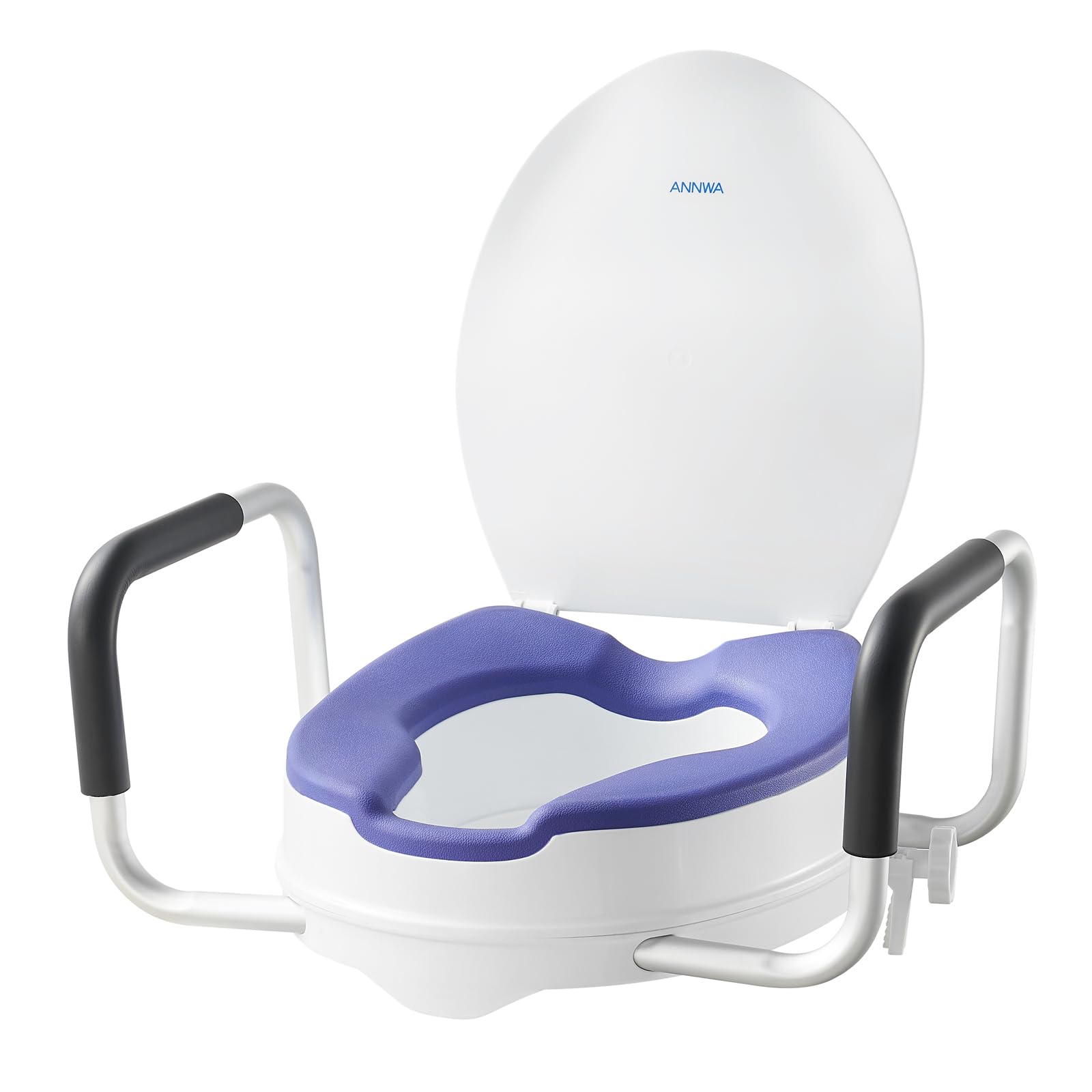 Rehausseur WC Adulte avec Accoudoirs et Couvercle, Siège de Toilette Surélevé 10 cm, Rehausseur Toilette Adulte avec Poignées Rembourrées, Charge 200 kg, Toilette Post Opératoire (N1FYT16)