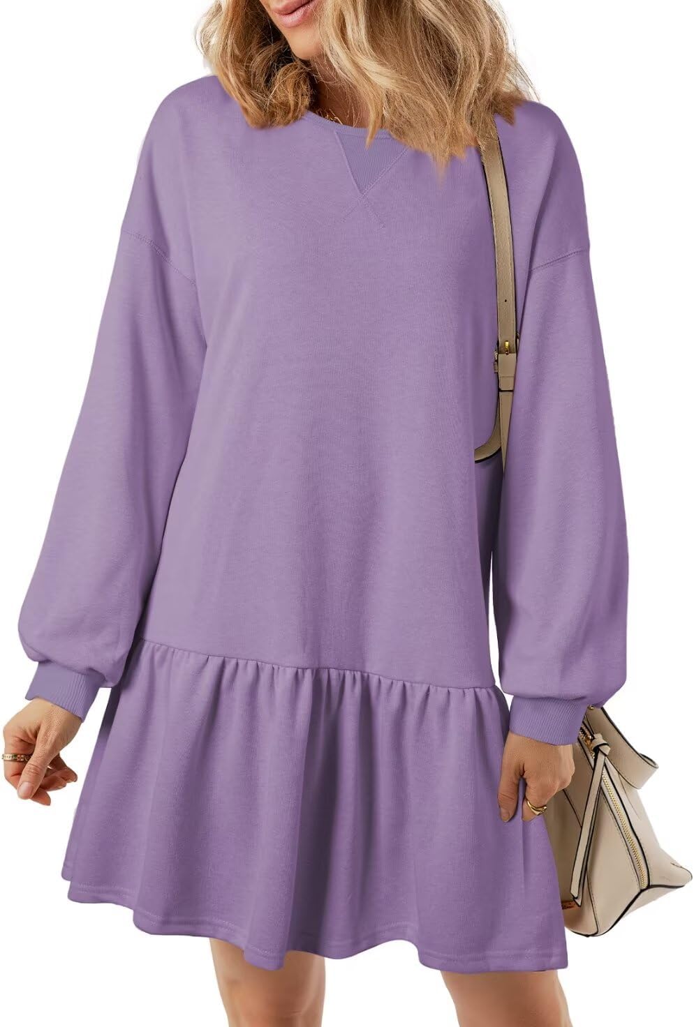 BLENCOT Womens 2025 Fall Long Sleeve Pullover Tops Crewneck Rib Knit Patchwork Sweatshirt Dress Casual Mini Dresses