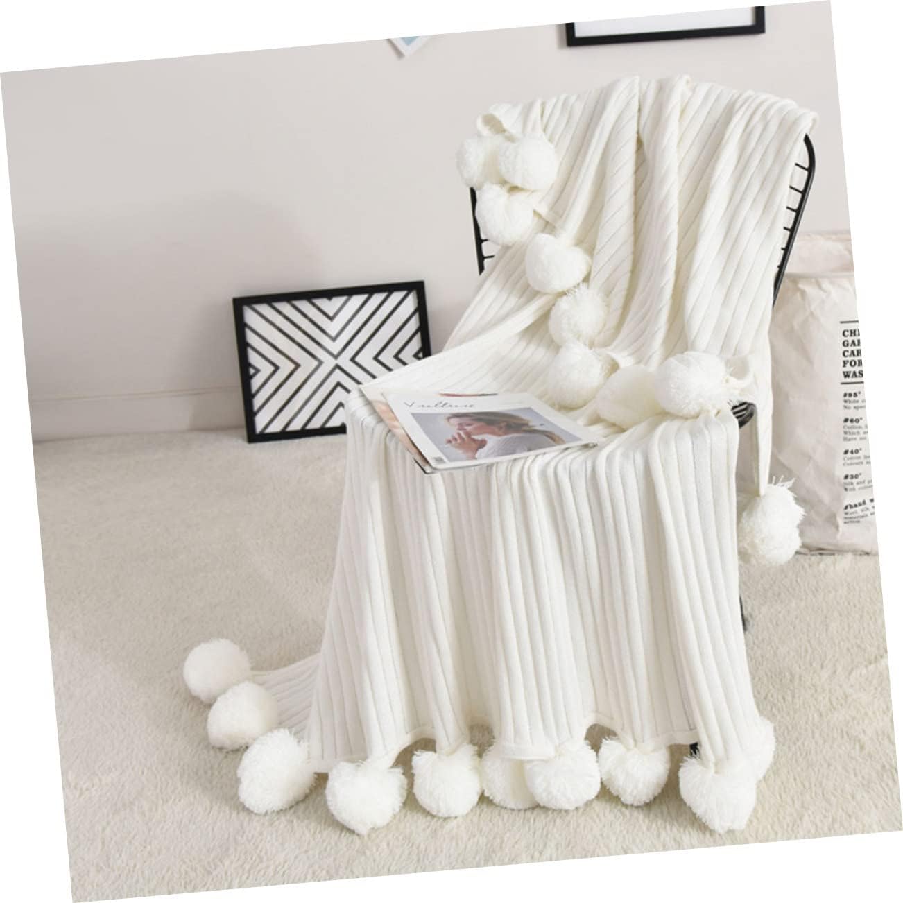 Cabilock Cotton Blanket Hair Ball Design Soft Cozy Knitted Sleeping Blanket Breathable Cotton Bedding for Home Office