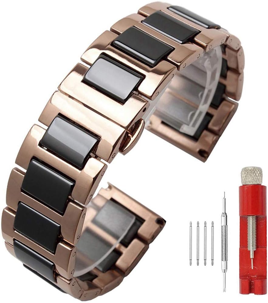 SINAIKELuxury Black White Blue Green Brown Pink Ceramic Watch Band Stainless Steel Watch Bracelets Deployment Clasp Metal Watch Strap for Men Women 14mm 16mm 18mm 20mm 22mm