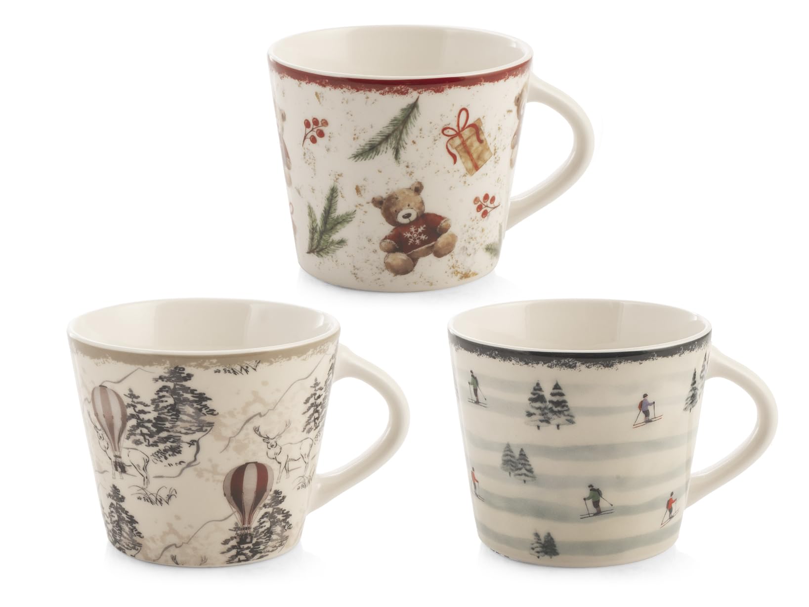 H&H Zestaw 12 filiżanek do herbaty z nowej porcelany kostnej – dekoracja zimowa, 280 ml, różne filiżanki z niedźwiedziem, balonem i narciarzami, eleganckie na śniadanie i herbatę