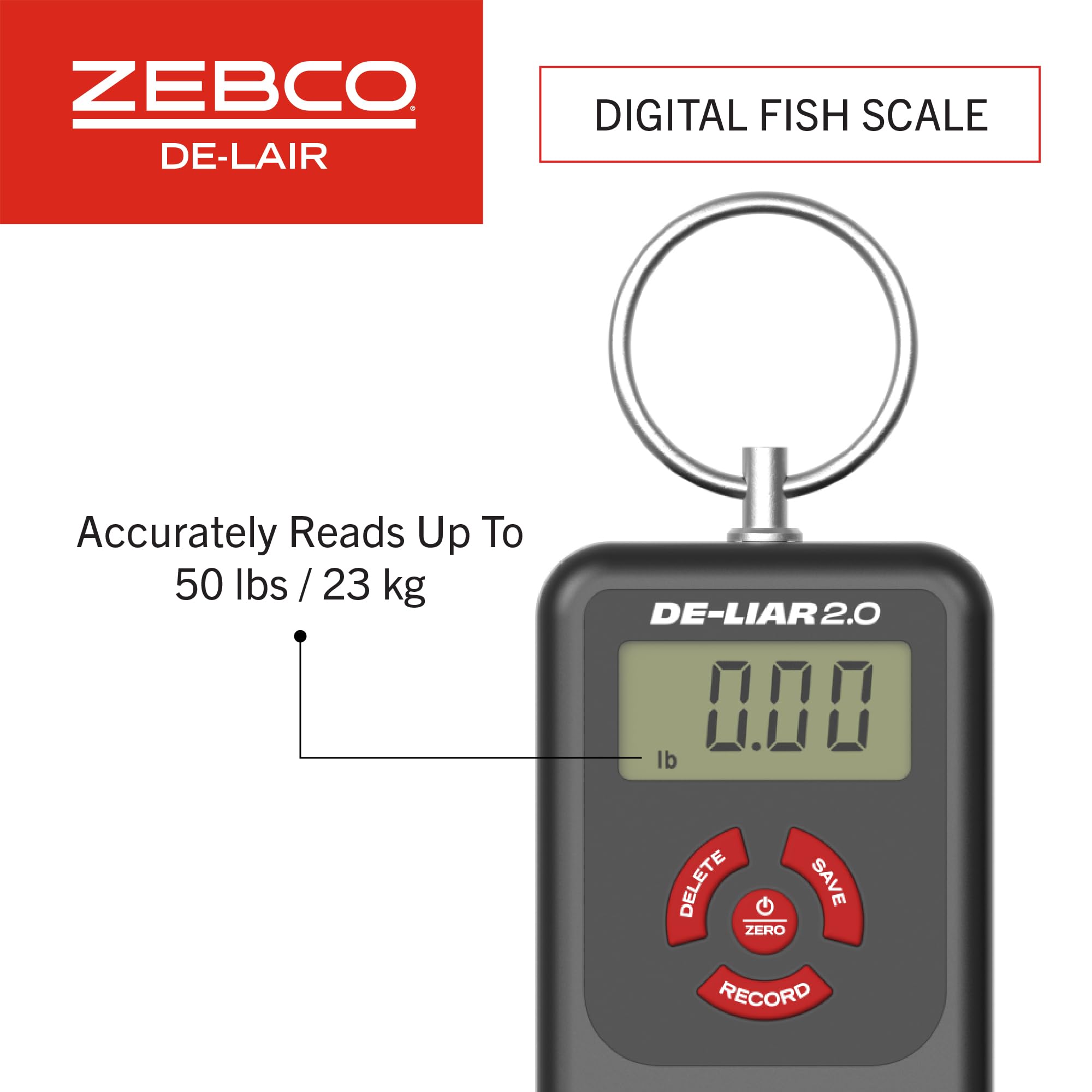 Zebco De-Liar 2.0 Digital Fish Scale, 50-Pounds/23-Kilograms Capacity, Compact Design, Durable Construction, Non-Puncturing Clamp-Style Lip Grip, Black/Red