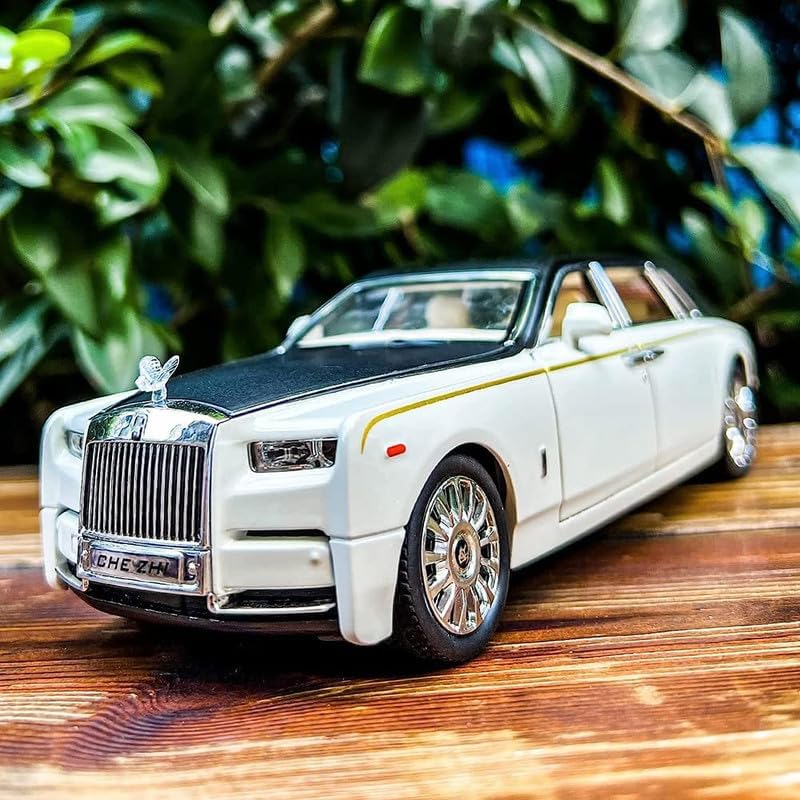 Image of PINQUE Kids New Car 1:24 Phantom Diecast Alloy Metal Pull Back Car with Openable Doors Music Sound and Light Vehicle Toy Car for Boys (White)