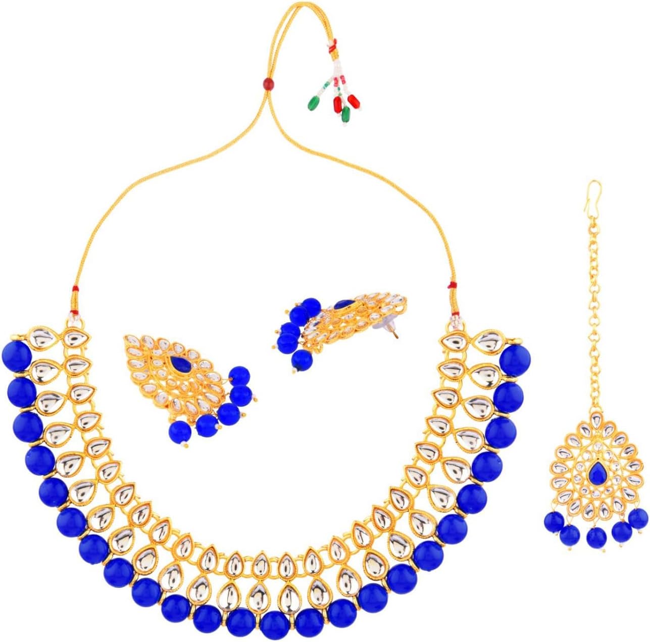 Efulgenz Kundan Necklace Indian Jewelry Kundan Crystal Faux Pearl Necklace Set Bollywood Wedding Choker Necklace Earrings Maang Tikka Bridal Set for Women - Image 6