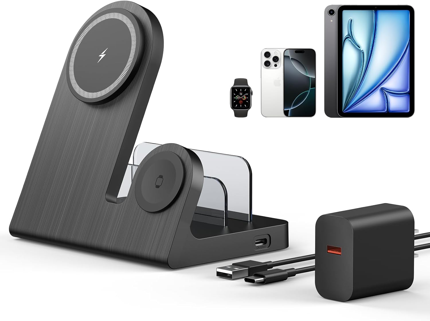 Wireless Mag-Safe Charger for iPhone: 3-in-1 Charging Station for Multiple Devices Apple - 18W Charging Stand for iPhone 16 15 14 13 12 Pro Max Plus Apple Watch iPad Airpods 3/Pro 2nd Black