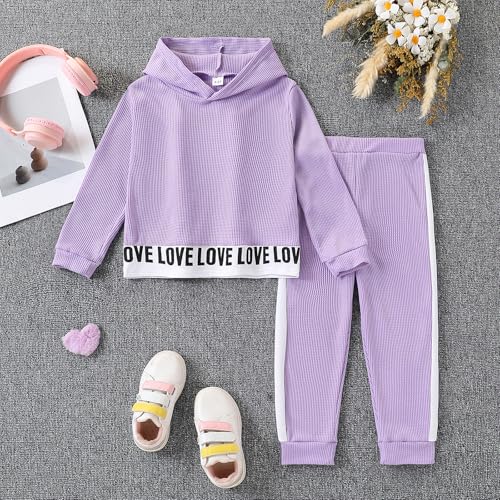 Image of Toddler Kid Girls Clothes Ribbed Color Block Long Sleeve Hoodie Sweatsuit Set Fall Outfits