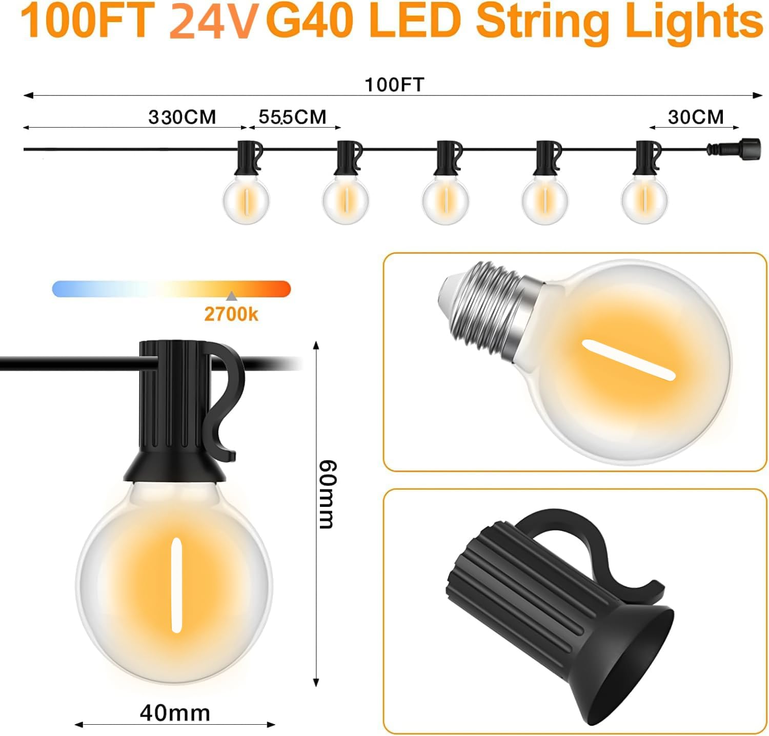 Guirnaldas Luces Exterior 30M, Guirnaldas Luminosas de Exterior con 50+2 G40 Globe LED Bombillas Cadena Luces Impermeable Perefcto para Patio, Boda, Navidad
